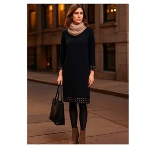 Marks & Spencer Portfolio BlackStudded A-Line Dress US 14 ¾ Sleeve Career‎ Party